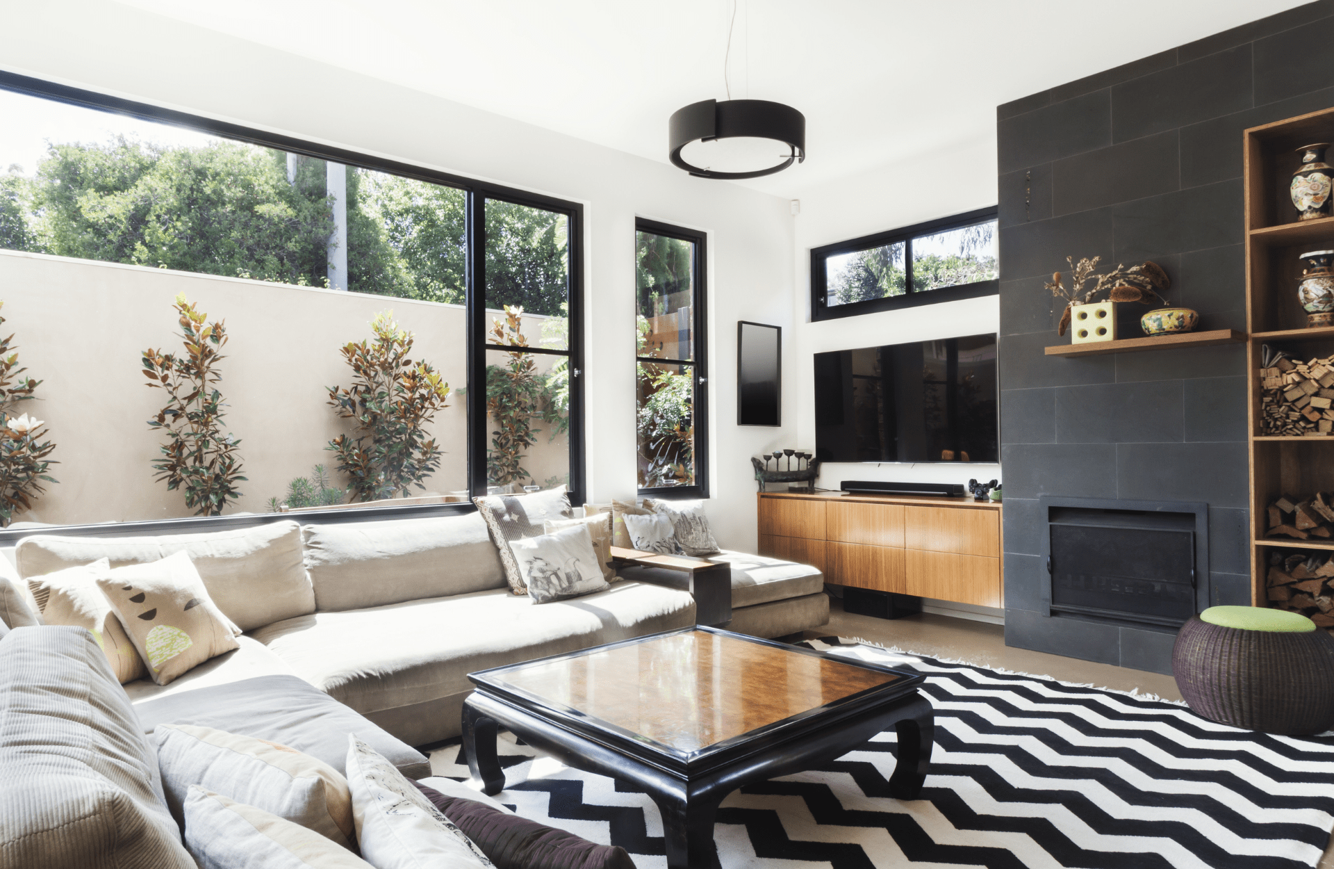 Monochrome living room with pattern rug
